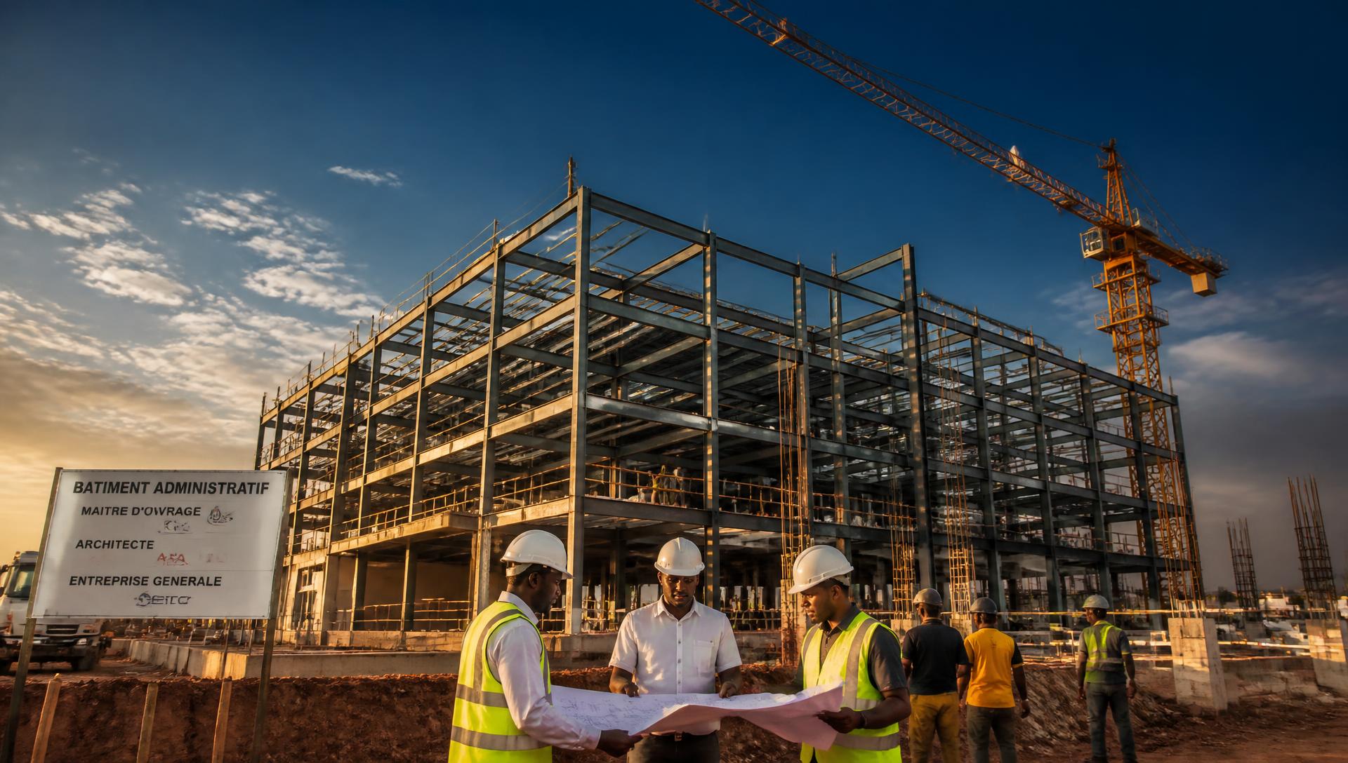 Chantier de construction d'un bâtiment administratif au coucher du soleil